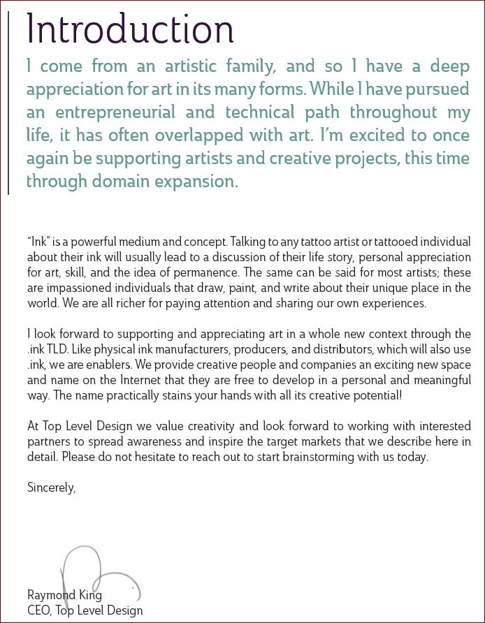 .INK introduction letter from Raymond King - CEO, Top Level Design